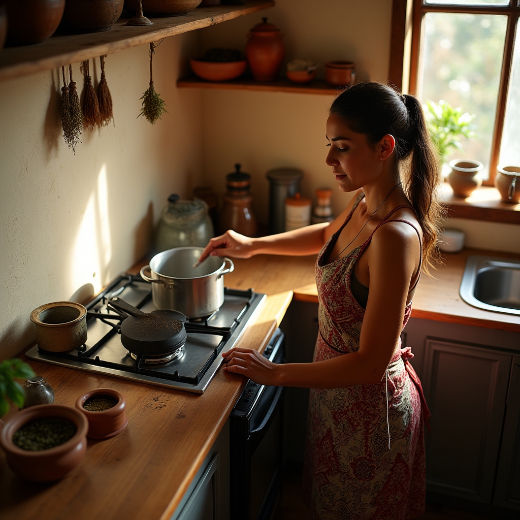 Cocina rural con estufa adaptada para funcionar con biogás producido en la finca