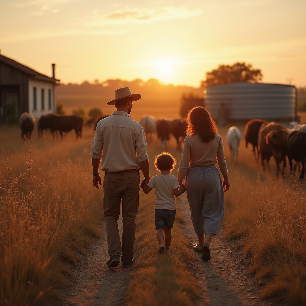 Familia rural caminando junto a su ganado al atardecer en una finca con biodigestor visible al fondo