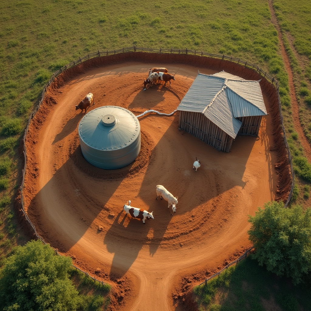 Biodigestor doméstico instalado junto a un corral de ganado en una finca rural